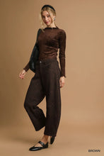 Brown velvet top with subtle pattern and long sleeves paired with umgee leopard print wide leg pants