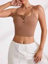 Ribbed Half Button Cropped Active Cami Caramel