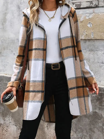 Drawstring Plaid Zip Up Long Sleeve Hooded Outerwear Camel Woman Outerwear