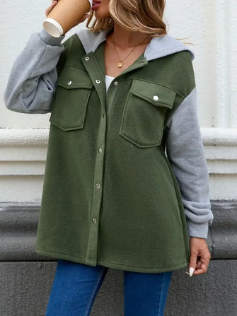 Pocketed Contrast Snap Down Hooded Jacket Army Green Woman Outerwear