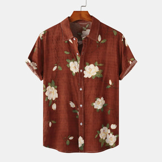 Men's Plus Size Floral Print Short Sleeve Button Down Shirt Burgundy
