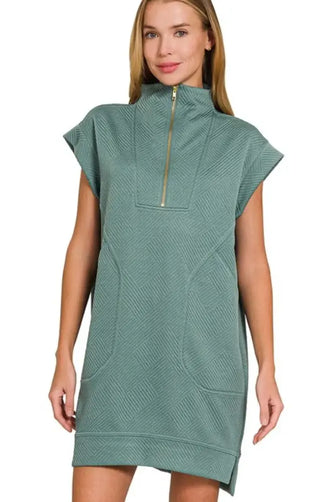 Zenana Textured Knit Jacquard Quarter Zipper Mini Dress ASH JADE Casual Dresses