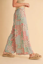 Aemi+co printed wide leg pants in pastel patchwork floral soft cotton fabric with a relaxed fit wide leg design