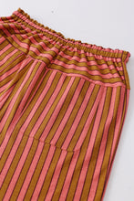 Casual wide leg pants with pink and mustard yellow vertical stripes featuring stripe button pocket tie and elastic waistband