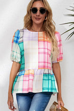 Round Neck Puff Sleeve Plaid Blouse Multicolor Woman Blouses
