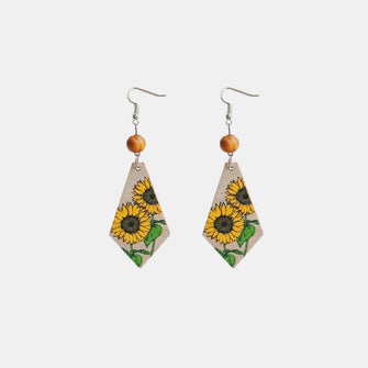 Floral Wooden Teardrop Earrings Gold One Size