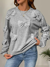 Perfee Bow Round Neck Long Sleeve Sweatshirt Gray Woman Sweatshirts