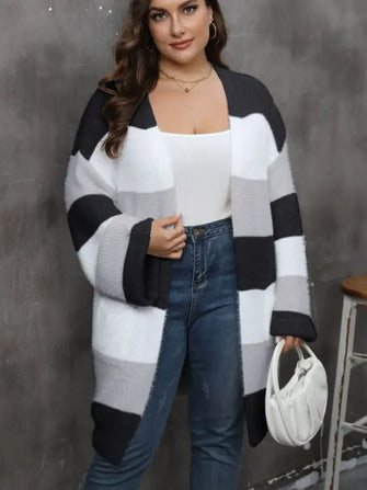Plus Size Open Front Long Sleeve Cardigan Black Woman Outerwear