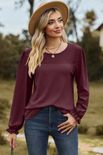 Eyelet Round Neck Flounce Sleeve T-Shirt Burgundy