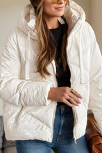 Drawstring Zip Up Long Sleeve Hooded Winter Coat White Woman Outerwear