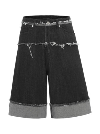 Men's Raw Hem Denim Bermuda Shorts with Contrast Cuffs Black