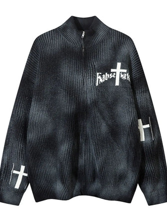 Men's Cross Tie-Dye Zip-Up Knit Cardigan Black
