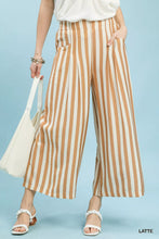 Cropped umgee vertical stripe wide leg pants in tan and off-white lightweight fabric with subtle waist pleats