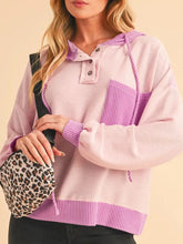 Corded Color Block Drawstring Hoodie Pink Woman Sweatshirts