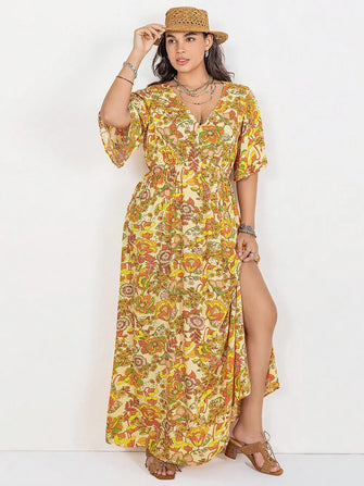 Floral V-Neck Short Sleeve Slit Dress Yellow