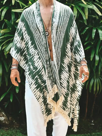 Men's Full Size Fringe Open Front Cover-Up Plus Size Army Green Mens Tops