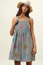 Bibi star rhinestone washed denim short overalls with colorful star patches