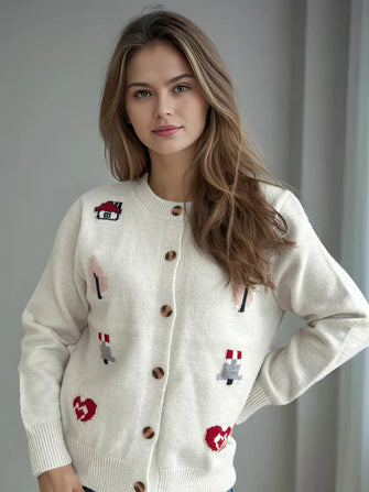 Button Up Round Neck Long Sleeve Cardigan White One Size Woman Outerwear