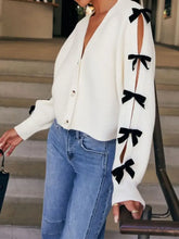 Bow V-Neck Cutout Sleeve Cardigan Woman Outerwear