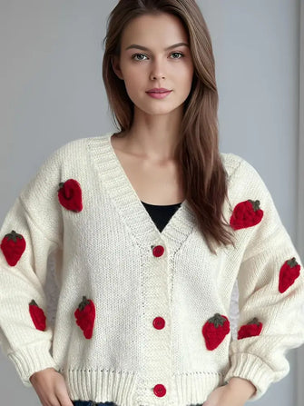 Crochet Strawberry V-Neck Long Sleeve Cardigan Scarlet One Size Woman Outerwear