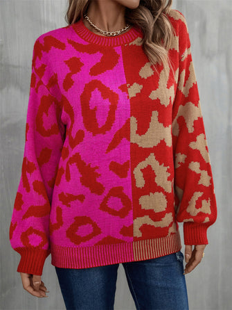 Angel Wings Round Neck Contrast Color Dropped Shoulder Sweater Rose Red