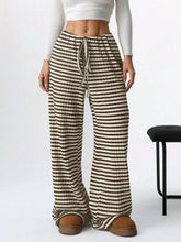 Beige and dark brown striped wide leg drawstring pants with elastic waist for comfortable casual wear
