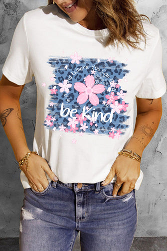 Leopard Floral Graphic Round Neck Tee White