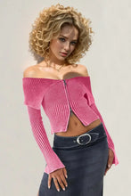 Double Take Ribbed Off-Shoulder Zip Up Long Sleeve Cardigan Pink Woman Outerwear