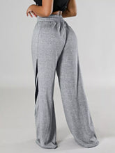 Gray heathered plus size striped contrast wide leg pants with black side slit detail in soft sweatpant material