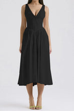 Ruched V-Neck Sleeveless Dress with Pockets Black