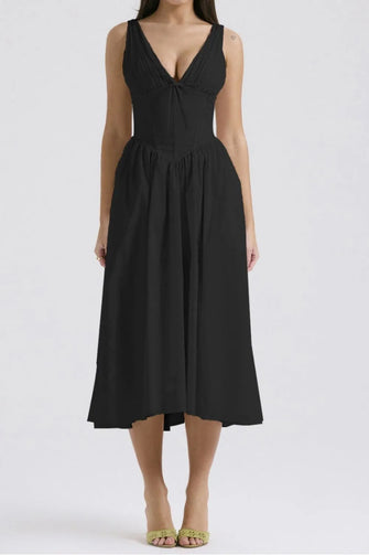 Ruched V-Neck Sleeveless Dress with Pockets Black