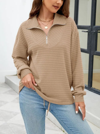 Textured Quarter Zip Long Sleeve Sweatshirt Camel