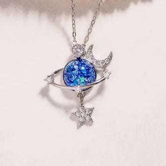 Starry Sky Inlaid Zircon Moon Star Necklace Silver One Size