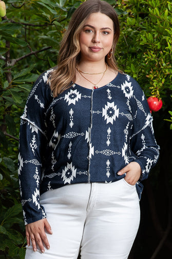 Plus Size Exposed Seams Round Neck Long Sleeve T-Shirt Navy