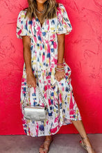 Abstract Print Short Puff Sleeve Tiered Maxi Dress Maxi Dresses