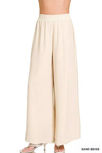 Sand beige wide-leg pants with soft textured fabric and elastic waistband from zenana woven airflow collection