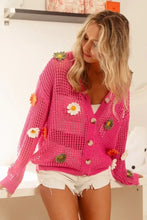 Hot pink open knit sweater cardigan with bibi flower patches