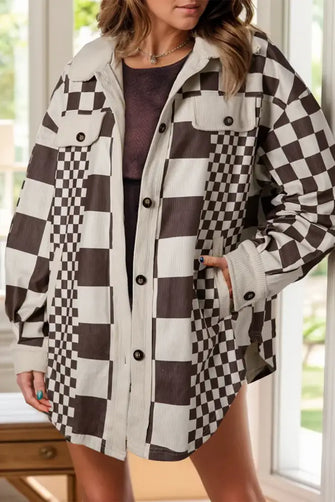 Pocketed Checkered Button Up Long Sleeve Jacket Plaid Woman Outerwear