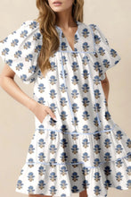 Floral Puff Sleeve Mini Dress with Pockets Dusty Blue
