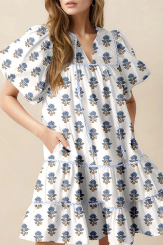 Floral Puff Sleeve Mini Dress with Pockets Dusty Blue