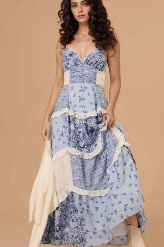 Floral Lace Trim Maxi Cami Dress Light Blue