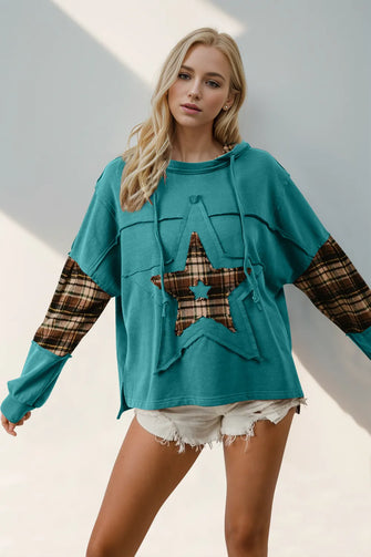 Double Take Drawstring Plaid Star Patch Long Sleeve Hoodie Teal Woman Sweatshirts