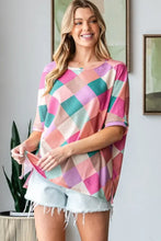 HOPELY Full Size Multi Colored Argyle Side Slit T-Shirt Woman T Shirts