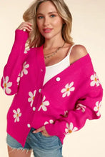 Hot pink daisy floral button long sleeve cardigan with white flowers