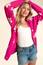 Pink daisy floral button long sleeve cardigan with white flowers