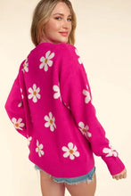 Pink daisy floral button long sleeve cardigan with frayed hem