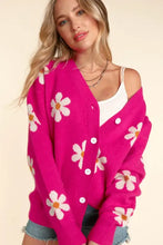 Daisy floral button long sleeve cardigan in hot pink with white flowers and orange centers