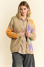 Dani Argyle dropped shoulder cardigan in beige cotton blend with colorful patchwork accents