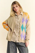 Dani argyle dropped shoulder cardigan in beige with colorful argyle v-neck patchwork
