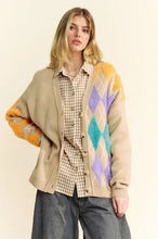 Dani argyle dropped shoulder cardigan with colorful patchwork accents